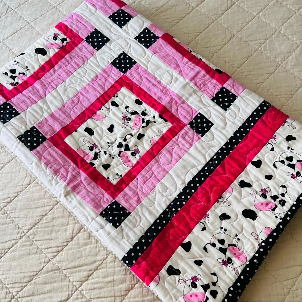 Happy Cows Handmade Quilt 46x62 Pink Black White Cotton Patchwork 🐮💗